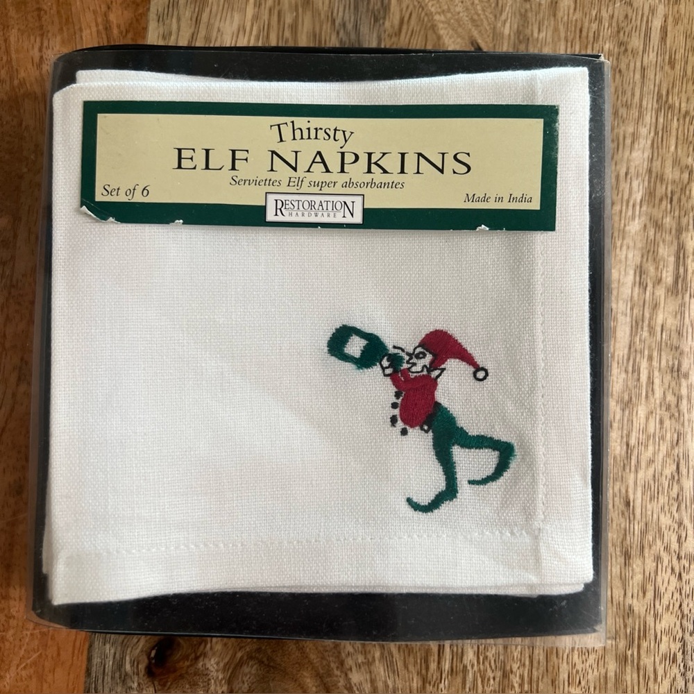 Restoration Hardware Festive Thirsty Elf Napkins - White and Green